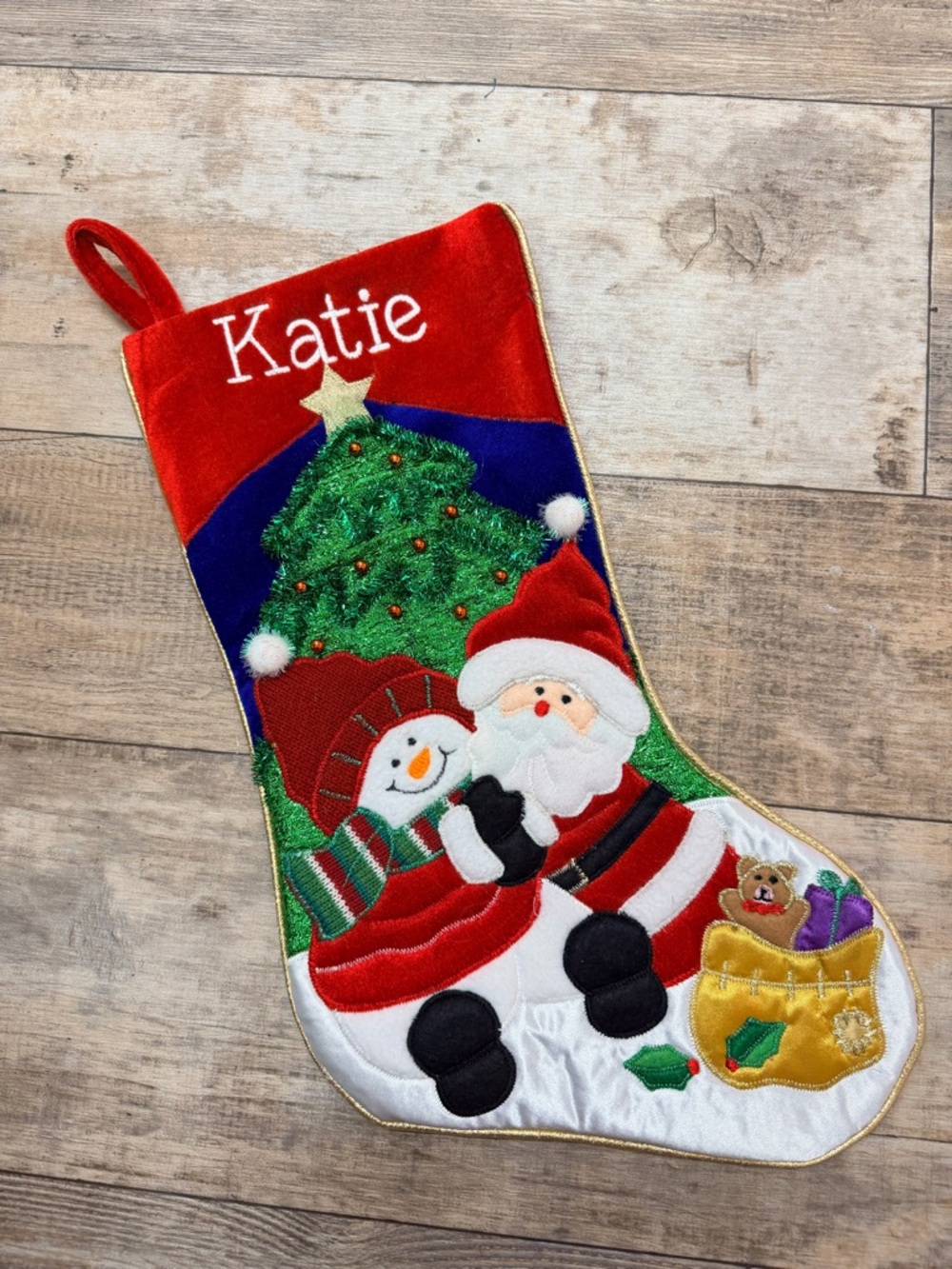 Kurt Adler Velour Santa Snowman Christmas Stocking - PERSONALIZED WITH KATIE